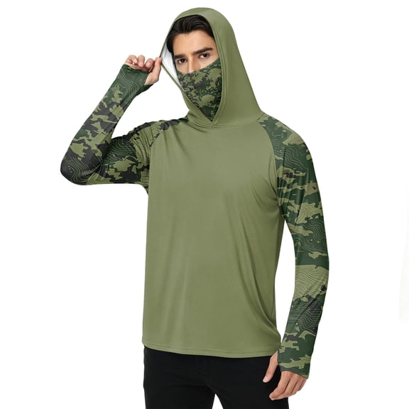 LTTVQM Adult Mens Light Cooling Long Sleeve Hooded Rash Guard UPF 50 Simple Realtree Camo Sleeve Print Built-in Neck Mask Multi Purpose Hunting Outdoor Wear Army Green 2XL