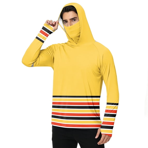 LTTVQM Adult Mens Summer UV Block Rash Guard Hooded Style Clean Dual Color Stripe Print Integrated Neck Shield Light Thin Kayaking Boating Shirt Yellow XL