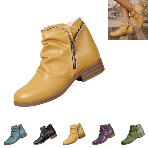 LTTVQM Ankle Boots for Women Casual Low Block Heel Arch Support Slip-On Booties with Side Zipper Leather Fall Winter Wide Width Round Toe Non Slip Walking Short Boots Yellow 38(US-7)