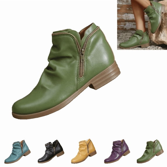 LTTVQM Ankle Boots for Women Casual Low Block Heel Arch Support Slip-On Booties with Side Zipper Leather Fall Winter Wide Width Round Toe Non Slip Walking Short Boots Green 39(US-7.5)