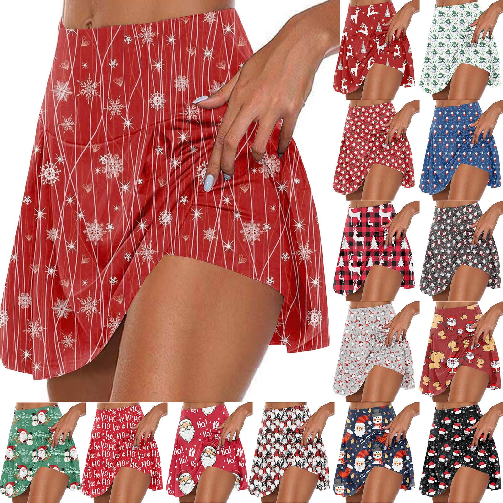 LTTVQM Athletic Skirts for Women with Shorts Reindeer Snowflake Print High Waisted Athletic