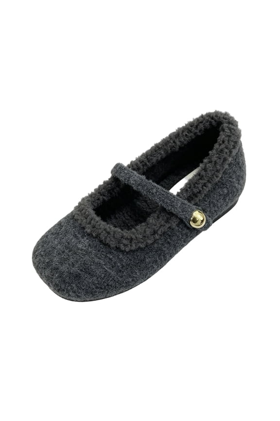Ballet Flats for Women with Plush Lining Winter Wide Closed Toe Warm Cozy Buckle Strap Dress Flats Fashion Comfy Indoor House Shoes Gray 36(US-5.5)