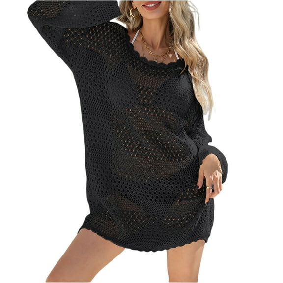 LTTVQM Bathing Suit Cover Ups for Women 2025 Holiday Long Sleeve Summer Dresses Mesh Knit Swim Dress Crochet Cover Up Hollow Out Swimwear Black S