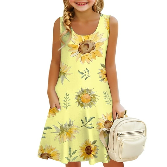 LTTVQM Beach Dresses for Girls 3-4 Summer Floral Sleeveless Sundress Loose Fit Round Neck Tank Dresses Holiday Midi Dresses with Pockets Light Yellow 3-4