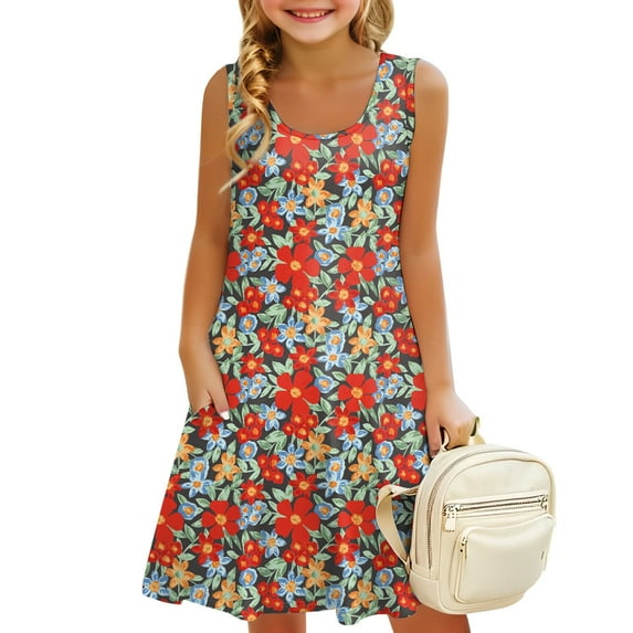 LTTVQM Beach Dresses for Girls Size 3-4 Spring Floral Print Sleeveless Sundresses Vacation Crew Neck Tank Dress Fashion Midi Dresses with Pockets Dark Purple 3-4