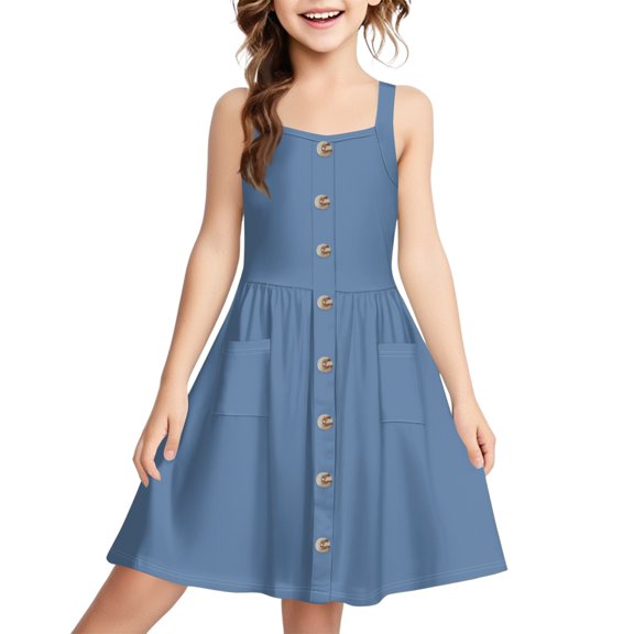 LTTVQM Beach Dresses for Girls Size 7-8 Spring Solid Color Sleeveless Sundress Loose Fit Button Down Square Neck Tank Dress Fashion A Line Dress with Pockets Blue 7-8