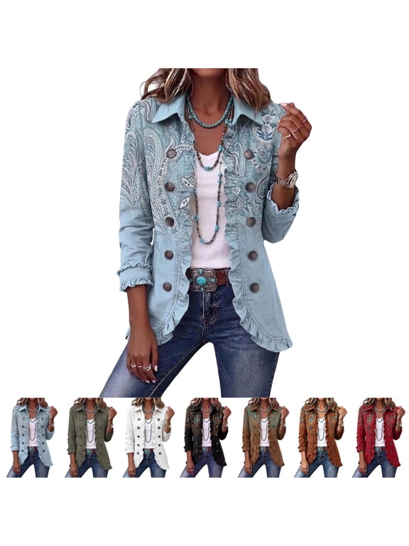 Blazer For Women Retro Floral Paisley Shirt Coat Western Lapel Ruffle Edge Outerwear Double-Breasted Long Sleeve Casual Outer Jacket