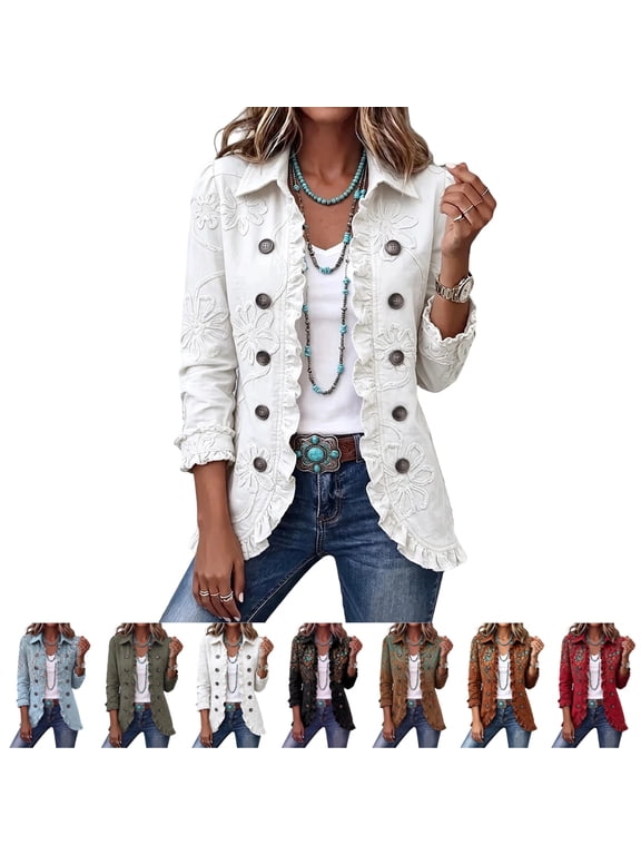 Blazer For Women Retro Floral Paisley Shirt Coat Western Lapel Ruffle Edge Outerwear Double-Breasted Long Sleeve Casual Outer Jacket