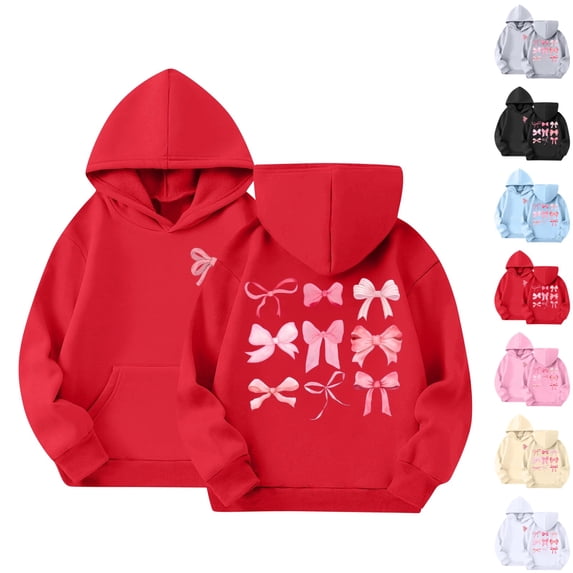 LTTVQM Bows Hoodie for Girls Sweatshirt Hoodies Fall Winter Loose With Cute Long Sleeve Shirt Soft Sweaters With Pocket Red 3-14 Years