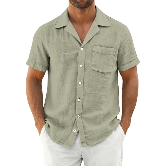 LTTVQM Button Down Shirts for Men Casual Short Sleeve Shirt Textured Linen Summer Beach Tops with Pocket Light Green M