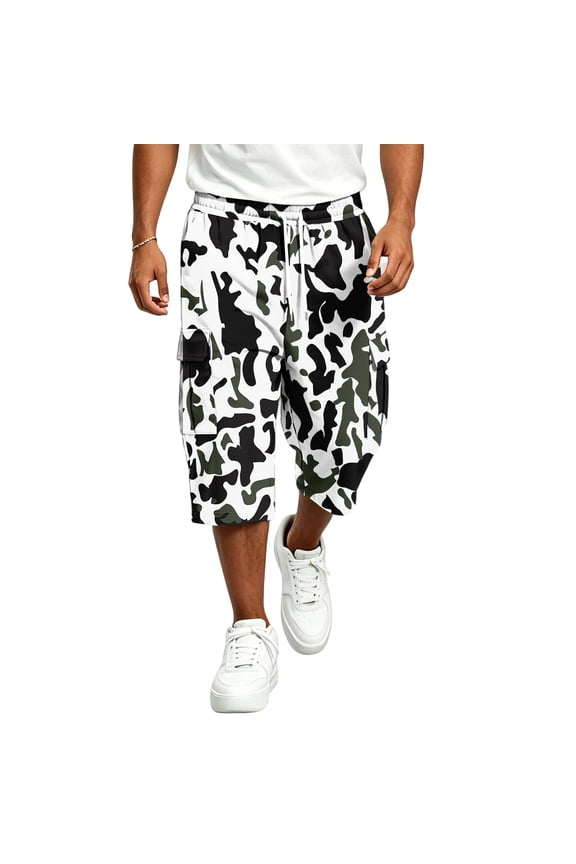 Camo Print Cargo Capri Shorts Matte Neutral Camo Stretch Elastic Waist Multi Pocket Camping Fishing 3/4 Trousers Black M