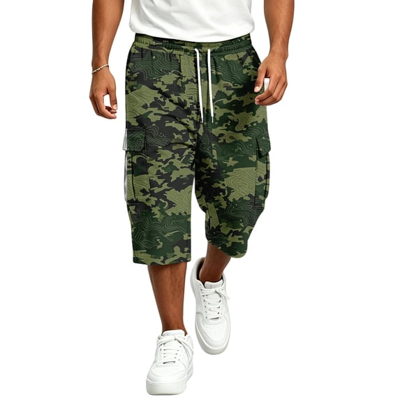 LTTVQM Camouflage 3/4 Length Cargo Pants for Men 2026 Earth Tone Hunting Camo Multi Pocket Relaxed Fit Summer Daily Walking Shorts Green 3XL