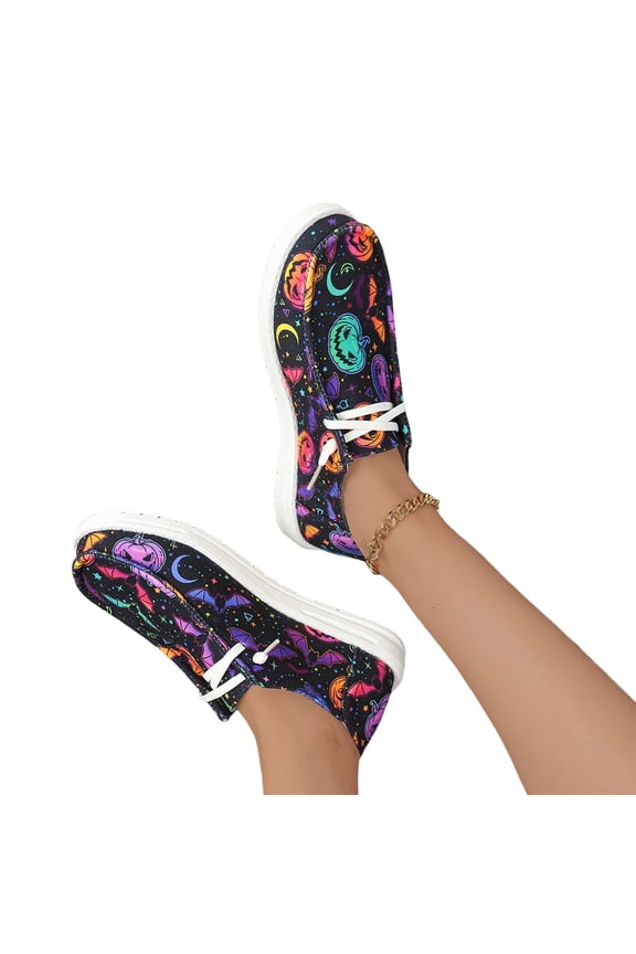 Canvas Slip on Shoes for Women Halloween Holiday Lace-Up Pumpkin Graphic Orthopedic Loafers with Arch Support Non Slip Spooky Funny Walking Sneakers Purple 41(US-8.5)