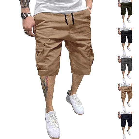 LTTVQM Cargo Shorts for Men Casual Classic Chino Stretch Waist Drawstring Outdoor Work Streetwear Shorts with 6 Pockets Khaki 2XL