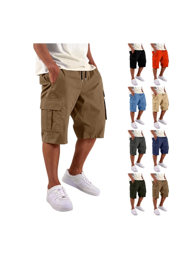Cargo Shorts for Men Lightweight Drawstring Stretch Elastic Waist Casual Work Short for Running Hiking with Pockets Khaki L