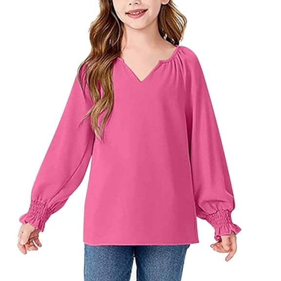 LTTVQM Casual Shirts for Girls Size 9-10 Long Sleeve Chiffon Tunic Tops Soft V Neck Blouse Breathable T Shirts Hot Pink 9-10 Years