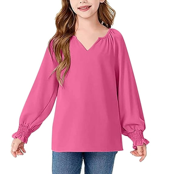 LTTVQM Casual Shirts for Girls Size 9-10 Long Sleeve Chiffon Tunic Tops Soft V Neck Blouse Breathable T Shirts Hot Pink 9-10 Years