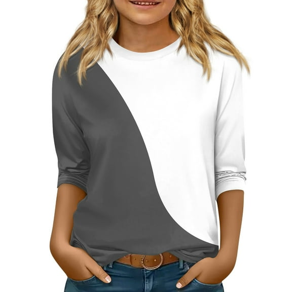 LTTVQM Child Girls 3/4 Sleeve Tops Size 12-13 Winter Fashion Color Block Print Casual T Shirts Comfy Round Neck Blouse Tween Girls Tops Gray 12-13 Years