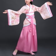LTTVQM Chinese Hanfu Dress for Girls Traditional Outfit with Midi Skirt Festival Cosplay Fancy Dress Japanese Kimono Halloween Cosplay Performance Outfit Pink 11-12 Years