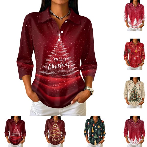 LTTVQM Christmas Blouses for Women 3/4 Sleeve Collared Half‑Placket Polo Christmas Tree Snow Graphic Loose Daily Wear Shirts
