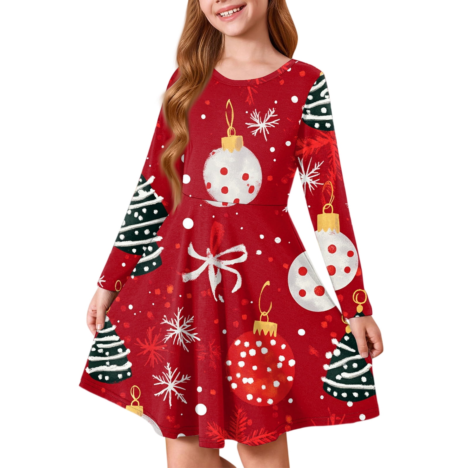 Christmas Dresses for Little Girls Size 7-8 Christmas Graphic Cute Long Sleeve Xmas Dresses Loose Fit Crewneck Midi Dresses Trendy Outfit Deep Red 7-8 Years