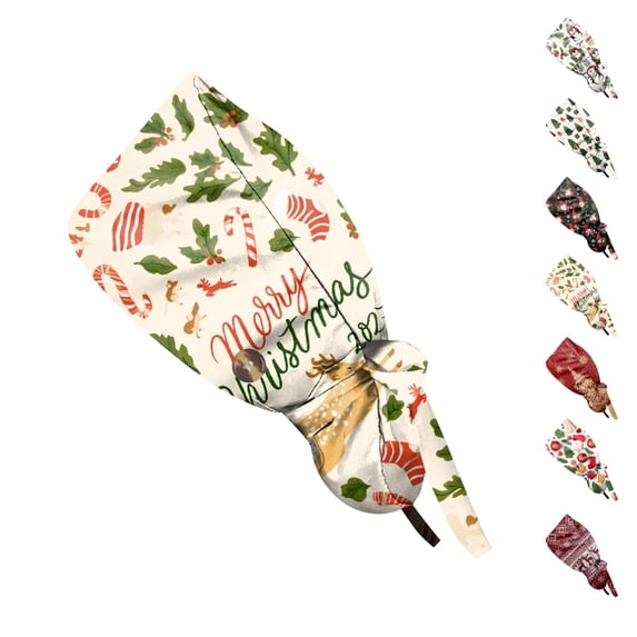 LTTVQM Christmas Scrub Cap for Women Men Working Cap with Sweatband Adjustable Tie Back Nurse Hats Head Cover