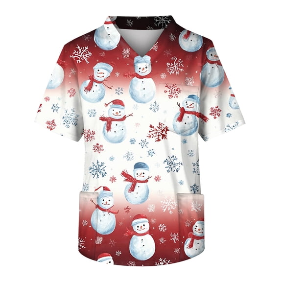 LTTVQM Christmas Scrubs Mens Plus Size Short Sleeve Snow Print Scrub V Neck Medical Nursing Uniform Shirts with Pockets White 3XL
