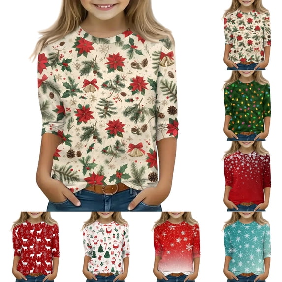 LTTVQM Christmas Shirts for Girls Holiday Party Tops Funny Xmas Printed Tshirts 3/4 Length Sleeve Workout Loose Fit Trendy Blouses 4-11 Years