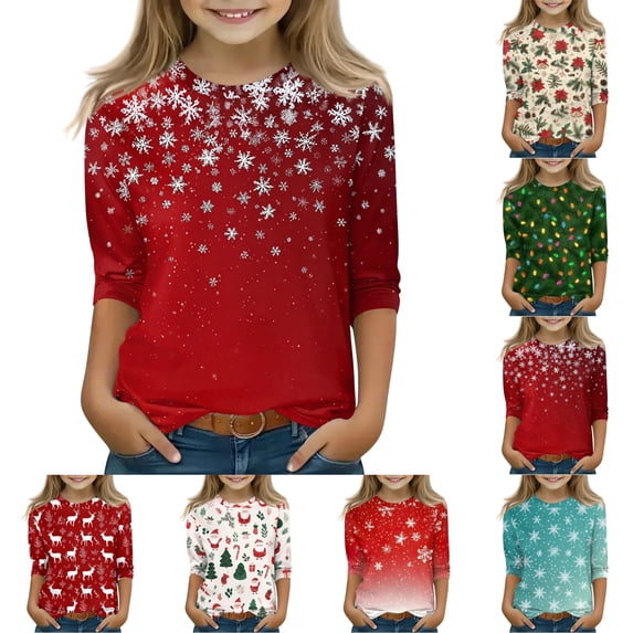 LTTVQM Christmas Shirts for Girls Holiday Party Tops Funny Xmas Printed Tshirts 3/4 Length Sleeve Workout Loose Fit Trendy Blouses 4-11 Years