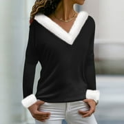 LTTVQM Christmas Tshirts Women 2023 Christmas Solid Color Fall Tops Long Sleeve Fur Trim Collar V-Neck Loose Fit Tee Blouse Tight Casual Daily T Shirt Black S