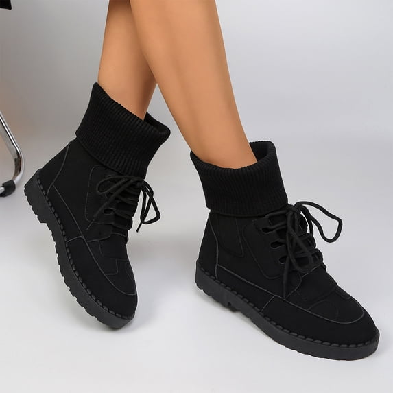 LTTVQM Combat Boots Women Cuffed Knit Collar Suede Lace-Up Ankle Boots Chunky Platform Warm Comfy Non-Slip Shoes Black 41(US-8.5)