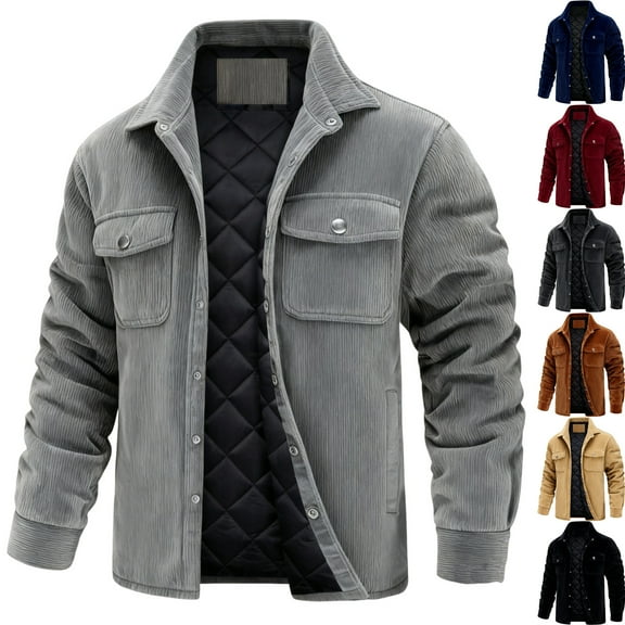 LTTVQM Corduroy Jacket for Men Heavyweight Padded Quilted Lined Jacket Snap Button Lapel Thick Coat Winter Thermal Outerwear Gray 5XL