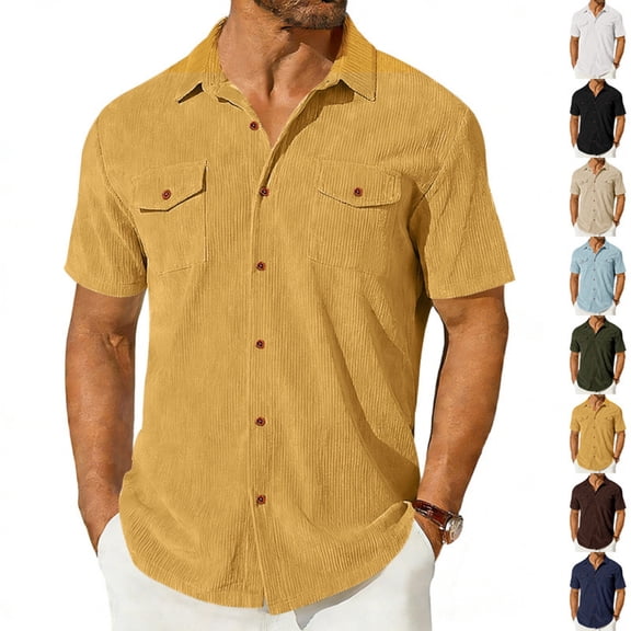 LTTVQM Corduroy Shirt for Men Casual Long Sleeve Button Up Collared Work Shirts Lightweight Shacket with Flap Pockets Yellow L