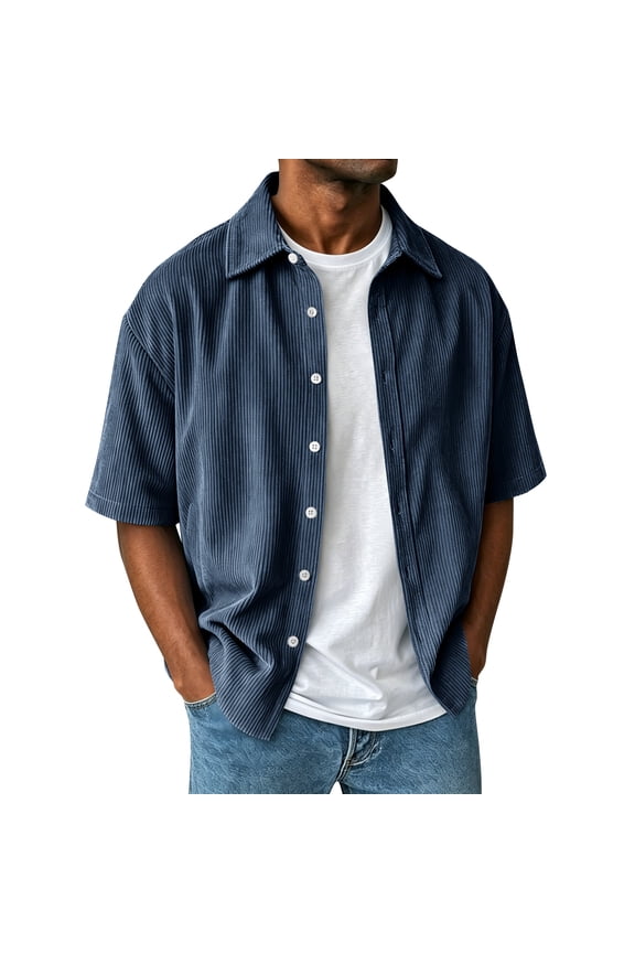 Corduroy Shirts for Men Casual Button Down Half Sleeve Loose Fit Jacket Vintage Ribbed Lapel Neck Lounge Shackets Navy 2XL