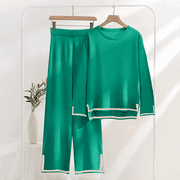 LTTVQM Cozy Lounge Sets for Women Fall Long Sleeve Sweater Set Top Sweat Suits 2024 Casual Knit Pullover Elastic Waist Wide Leg Pants Split Hem Lounge Sets Green S