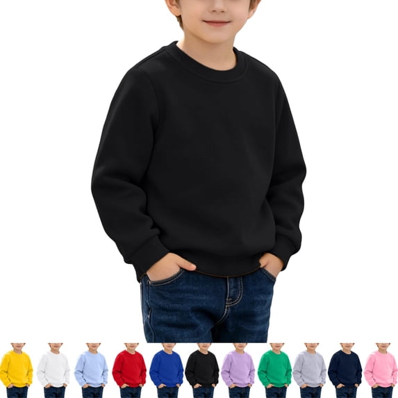 LTTVQM Crewneck Sweatshirt for Boys Solid Tone Long Sleeve Pullover Lightweight Casual Top For Kids Daily Activity Black 8-9Years