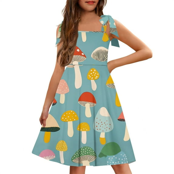 LTTVQM Dress for Little Girls Size 4-6 Summer Casual Graphic Sleeveless Spaghetti Strap Dress Flowy Sundress Fashion Church Dress with pockets Mint Green 4-6