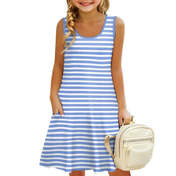 LTTVQM Dress for Girls 5-6 Summer Striped Sundresses Loose Fit Sleeveless Tank Dress Trendy Crew Neck Cover Up Dresses with Pockets Sky Blue 5-6