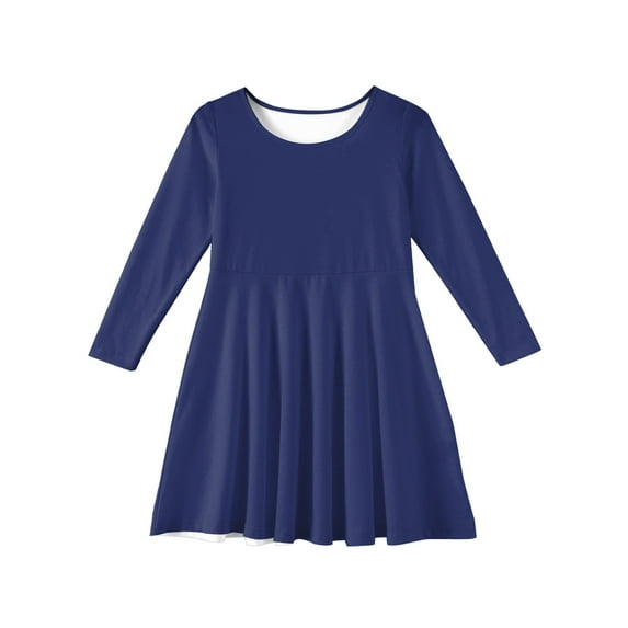LTTVQM Dress for Girls Size 7-8 Summer Casual Solid Color Long Sleeve Midi Dress Swing Round Neck Sundresses Comfortable Church Dress Dark Blue