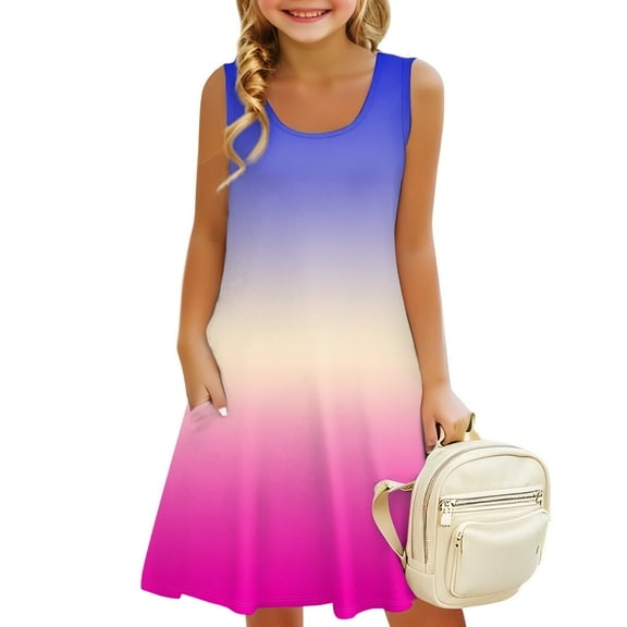 LTTVQM Dress for Girls Summer Sleeveless Sundress Comfy Gradient Tank Dresses Basic Round Neck Midi Dresses with Pocket Pink 7-8