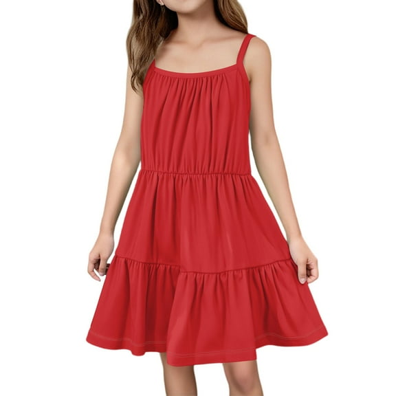 LTTVQM Dresses for Girls 11-12 Summer Casual Solid Color Sleeveless Ruffle Hem Midi Dress Swing Square Neck Sundresses Comfy A-Line Dress Red 11-12 Years