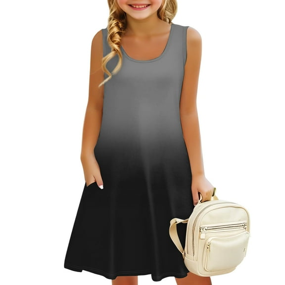 LTTVQM Dresses for Girls Size 7-8 Casual Gradient Sundresses Vacation Sleeveless Tank Dresses Basic Round Neck Midi Dress with Pockets Watermelon Red 7-8