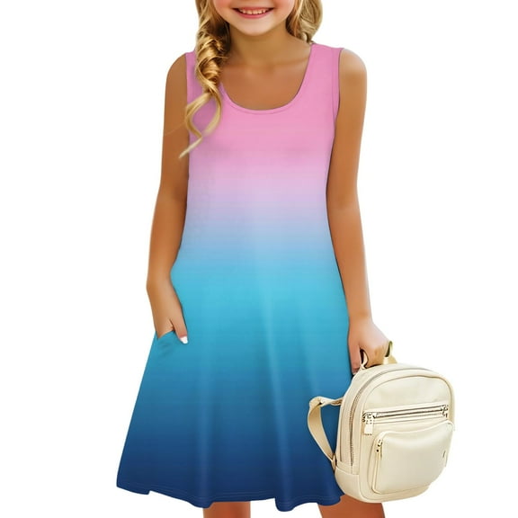 LTTVQM Dresses Toddlers Girls Spring Sleeveless Sundresses Comfy Gradient Tank Dress Fashion Round Neck Midi Dress with Pocket Red 7-8