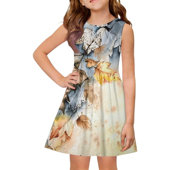 LTTVQM Dresses for Girls 11-12 Casual Floral Sundresses Cute Sleeveless Midi Dress Fashion Crewneck Spring Dresses Orange 11-12 Years
