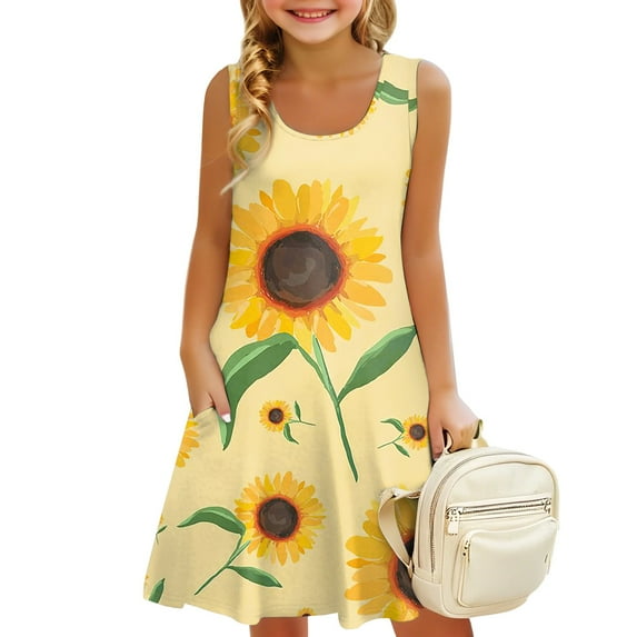 LTTVQM Dresses for Girls 2025 Casual Sleeveless Sundress Vacation Floral Tank Dresses Fashion Crew Neck Cover Up Dresses with Pockets Gold 12-13
