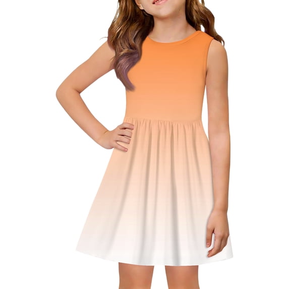 LTTVQM Dresses for Girls 3-4 Casual Gradient Sundresses Comfy Sleeveless Midi Dresses Holiday Crewneck Spring Dresses Orange 3-4 Years