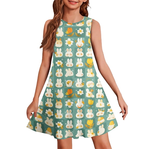 LTTVQM Easter Dresses for Girls 2026 Bunny Egg Print Funny Sleeveless Sundress Casual Crewneck Midi Dress Fashion Church Dresses Light Green 9-10 Years