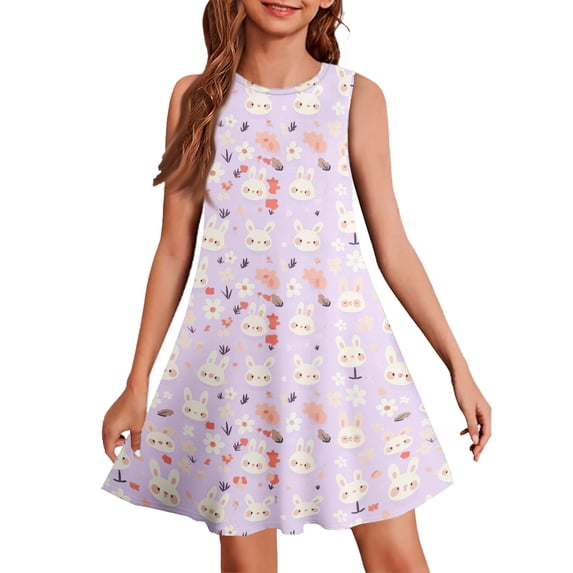 LTTVQM Easter Dresses for Girls 2026 Egg Rabbit Print Funny Sleeveless Sundresses Comfortable Crew Neck Midi Dresses Vacation Church Dresses Light Purple 7-8 Years