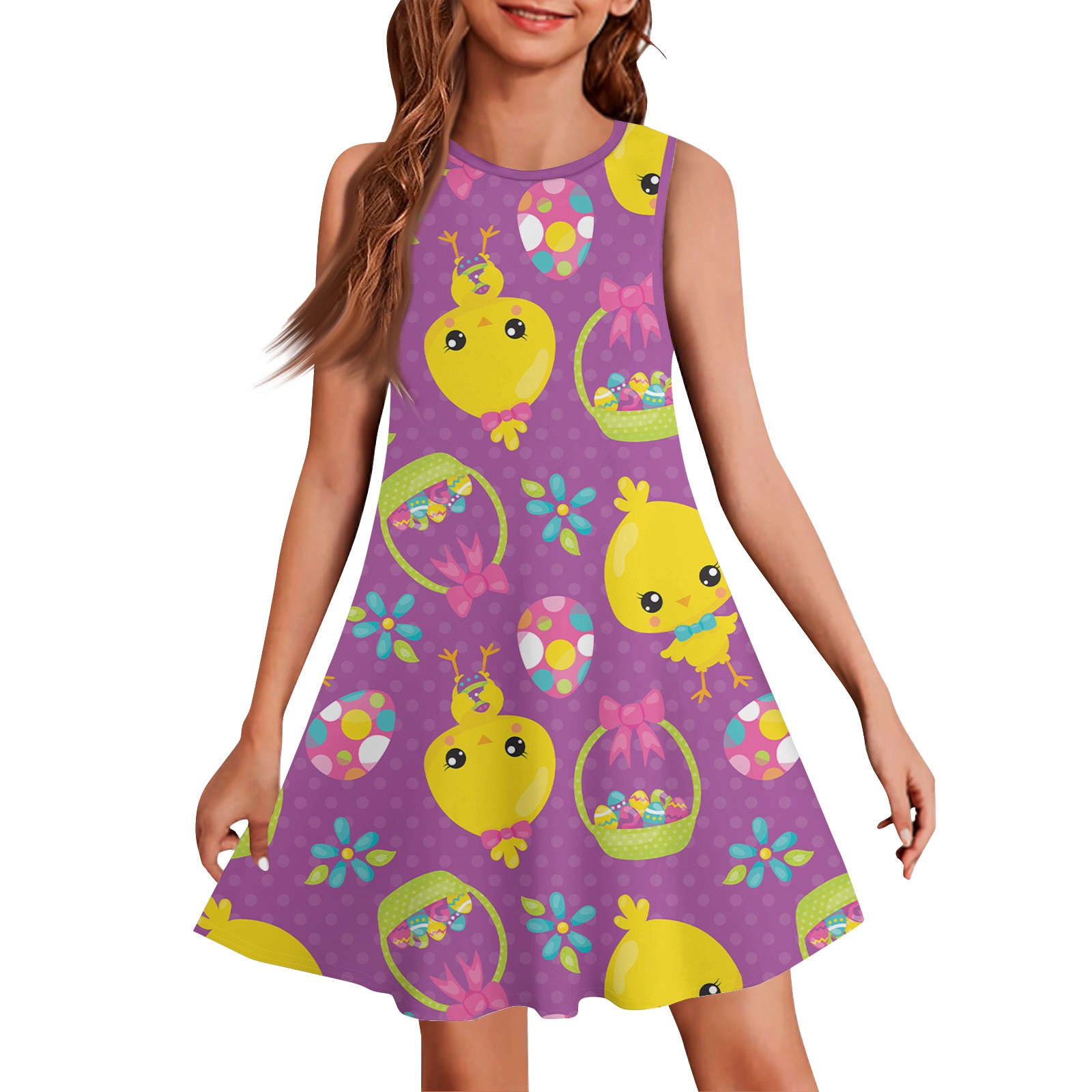 LTTVQM Easter Dresses Girls Size 9-10 Bunny Rabbits Print Happy Midi Dress Soft Sleeveless Tank Dress Comfortable Crew Neck Sundress Purple 9-10