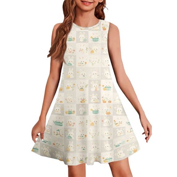 LTTVQM Easter Dresses for Girls 2026 Egg Bunny Graphic Happy Sleeveless Sundress Comfy Crewneck Midi Dress Fashion A-Line Dresses Beige 11-12 Years